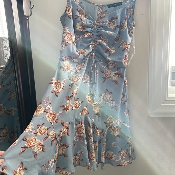 Cute Ruched Blue Flouncy Floral Mini Dress for Summer/Spring - Picture 4 of 6